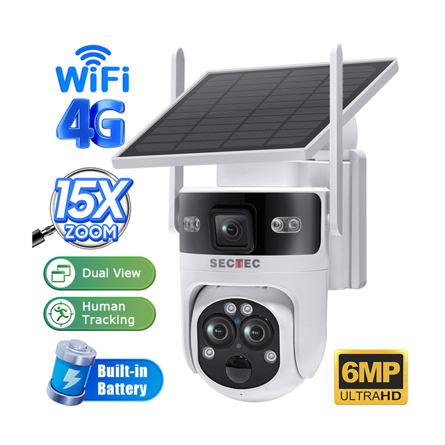 HD 6MP 3Lens Dual Lens Solar Camera 15X Zoom PTZ Rotate IP66 Panoramic Two-way Audio PIR Human Detection 128GB SD Card for