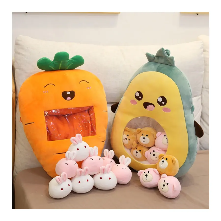 simulation fruit 8 pcs/bag carrot with little rabbits snack pillow plush strawberry avocado banana kids stuffed toys
