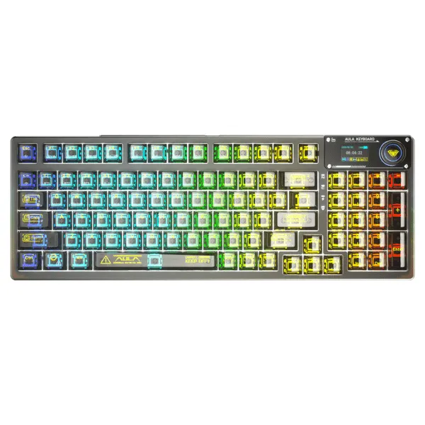 2025 AULA F98pro Wireless Mechanical Keyboard with Transparent Keycaps Hot-swappable Gasket Structure RGB Backlit OLED Screen