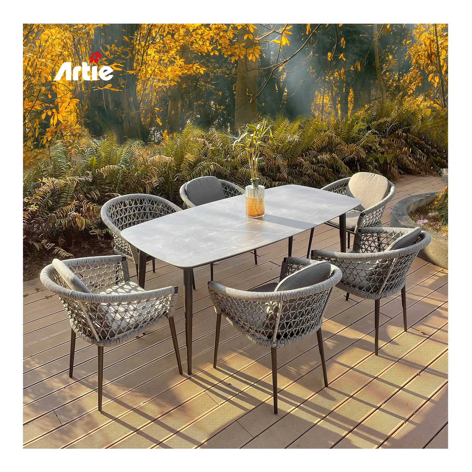 Artire di lusso moderno giardino esterno esterno mobili da pranzo in alluminio Set porta Patio Set tavolo da pranzo all'aperto con sedie