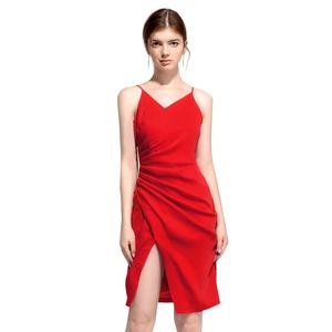 Design de mode Rouge V-cou Plissé Femmes Sexy Robes Fendues Femmes Soirée - Product Image 1