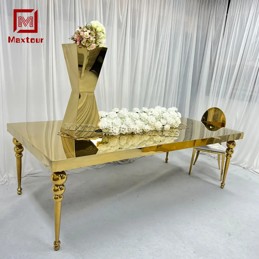 Luxurious Rectangle Mirrored Gold Table for 8 People Stainless Steel Wedding Supplies for Home Office and Weddings