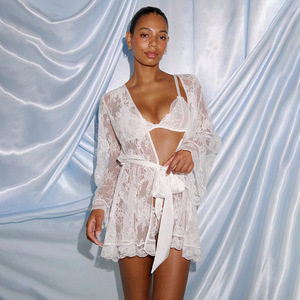 Lace See Through Dress With Tie Up <b>Cardigan</b> Long <b>Sleeves</b> Bodycon <b>Short</b> Skirt Women Sleepwear - Product Image 3