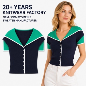 Women Fashion Sweaters Vintage Contrast Lapel Button Short Sleeve Knit Cardigan Slim Fit Short Top Jacket Autumn
