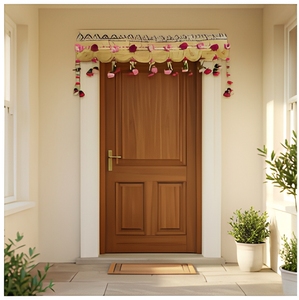 Traditional Ethnic Door Hanging Toran Bandhanwar with Golden Scalloped Lace Pink Floral Buds & Hanging Flower Tassels - Product Image 1
