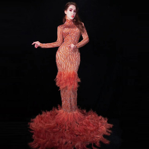 Novance 2022 nuovi arrivi all'ingrosso diamante cristallo piuma abito da sposa Plus Size manica lunga oro abiti Largos Para Mujer - Product Image 6