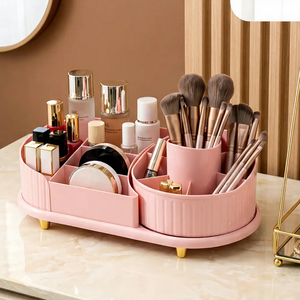 Pink Rotating <b>Makeup</b> Organizer 360 Degree Cosmetic Storage <b>Box</b> Multi Compartment Vanity Brush Holder Countertop Tray - Product Image 5