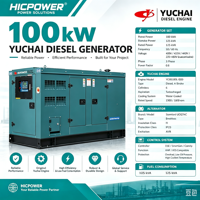 Groupe électrogène diesel 100 kW 125 KVA Yuchai refroidi par eau triphasé 4 fils, alimentation de secours pour la construction agricole, OEM ODM ATS