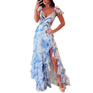 Vestido de cóctel con cuello en V, espalda descubierta, abertura alta, estampado con volantes, vestido de noche largo, vestido de moda para mujer - Product Image 5