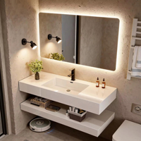 Mueble de Baño Moderno Personalizado Resistente al Agua, Montado en la Pared, con Espejo Inteligente, Lavabo de Cerámica y Gabinete Flotante para Villas