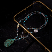 Collier noué en perles rondes de pierres naturelles (Agate Mousse, Bronzite, Synthétique Turquoise, Perles de Fer Noir) - Vente en gros usine