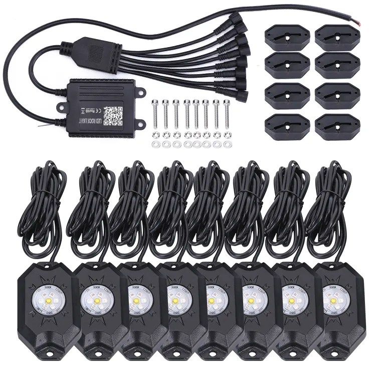 Contrôleur de lumière de roche rgbw led blanc 4 pièces 8 pièces 12 pièces led pods 24w rgbw chassant la lumière de roche pour polaris 1000 pour camions