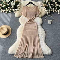 Robe longue décontractée pour femme, élégante, à manches courtes, ajourée, en tricot, coupe trapèze, pour le quotidien et les vacances