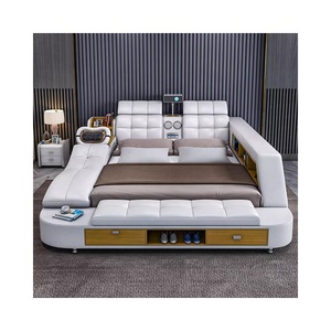 Lit intelligent multifonctionnel de luxe, taille king, design moderne, plateforme inclinable, cadre en bois, revêtement en cuir souple, charge USB P81 - Product Image 1
