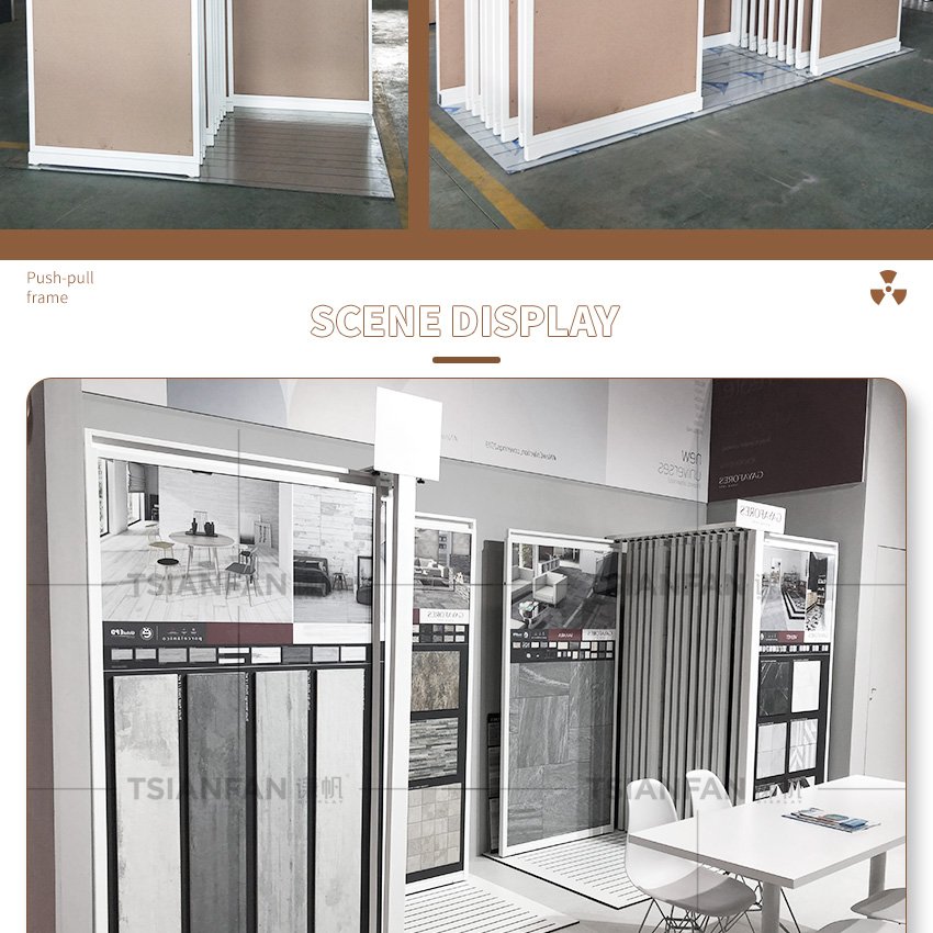 Exhibition Marble Granite Rail-Mounted Slab Rock Ceramic Quartz Stone Sample Rack Push Pull Sliding Showroom Display Stand Tile