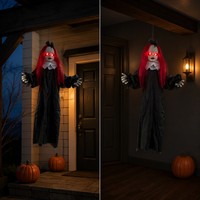 SIPKLR Poupée fantôme suspendue pour Halloween de 35 pouces avec cheveux roux et yeux rouges lumineux, accessoire de décoration effrayant pour maison hantée, fête ou jardin