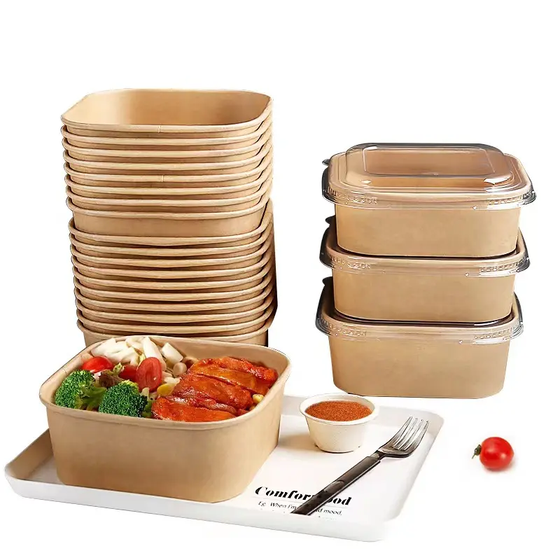 Custom Printing Takeaway Food Packing Box Disposable Square Kraft Paper Salad Bowl with Lid 750 1000 1200 1400 Ml Craft Paper