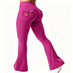 Women High Waist Elastic Waist Flare Yoga <b>Pants</b> with Back Pockets <b>Butt</b> <b>Lifting</b> Quick Dry Workout Leggings - Product Image 5