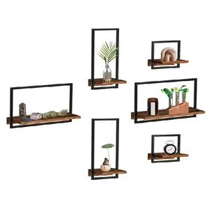 Wall Hanging Decor Metal Frame Wooden Storage Shelf 6 Sets Rustic Floating Shelves