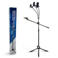Support de diffusion en direct mobile avec support pour téléphone et support pour microphone, hauteur réglable de 60 à 145 cm, pour utilisation en intérieur et en extérieur