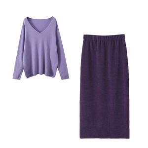 Conjunto de Falda Midi de Pana para Mujer Happy Plus, Suéter de Manga Larga con Cuello en V, Color Sólido, Cintura Alta, Corte Ajustado, Morado N9085 - Product Image 5