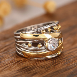 Anillo Elegante de Dos Tonos con Cuentas Cruzadas, Diseño Geométrico Minimalista, Joyería de Moda para Mujer, Uso Diario, Regalo Chic - Product Image 4