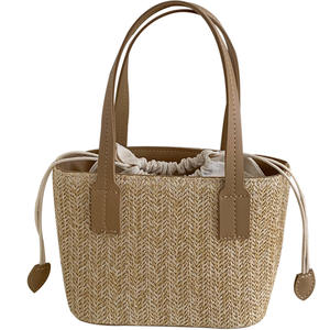 Straw Woven <b>Mini</b> Tote <b>Bag</b> Drawstring Closure Soft Weaving Summer Women's Handbag Casual Everyday Use Apricot Brown <b>Black</b> - Product Image 5