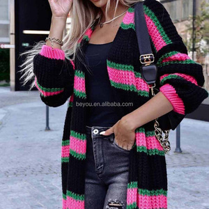 <span class=keywords><strong>Cardigan</strong></span> Lungo Multicolore a Righe Rosa e <span class=keywords><strong>Verde</strong></span> per <span class=keywords><strong>Donna</strong></span> - Product Image 2