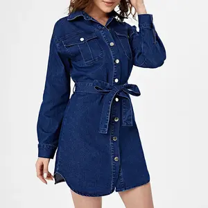 Gota Ombro Manga Longa Cinto Botão Elegante Mulheres Denim Dress Fabricante Custom Autumn Vintage Casual Vestidos Natural Tecido