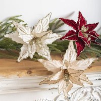 Décorations de Noël en gros, fleurs en velours rouge scintillant, décorations artificielles pour arbre de Noël