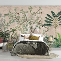 Papier peint mural botanique tropical illustré avec des arbres et des oiseaux, facile à installer soi-même, imperméable, pour la décoration de la maison et du salon