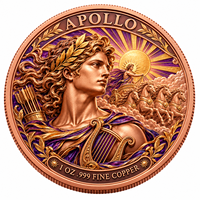 Pièces de monnaie rondes en cuivre pur 999 de 1 once, série Mythologie Grecque Antique, Apollo, double face, en relief 3D, artisanat métallique coloré