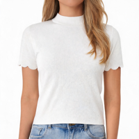 T-shirt à col montant côtelé pour femme de haute qualité, haut en maille à manches courtes à bord festonné, pull doux