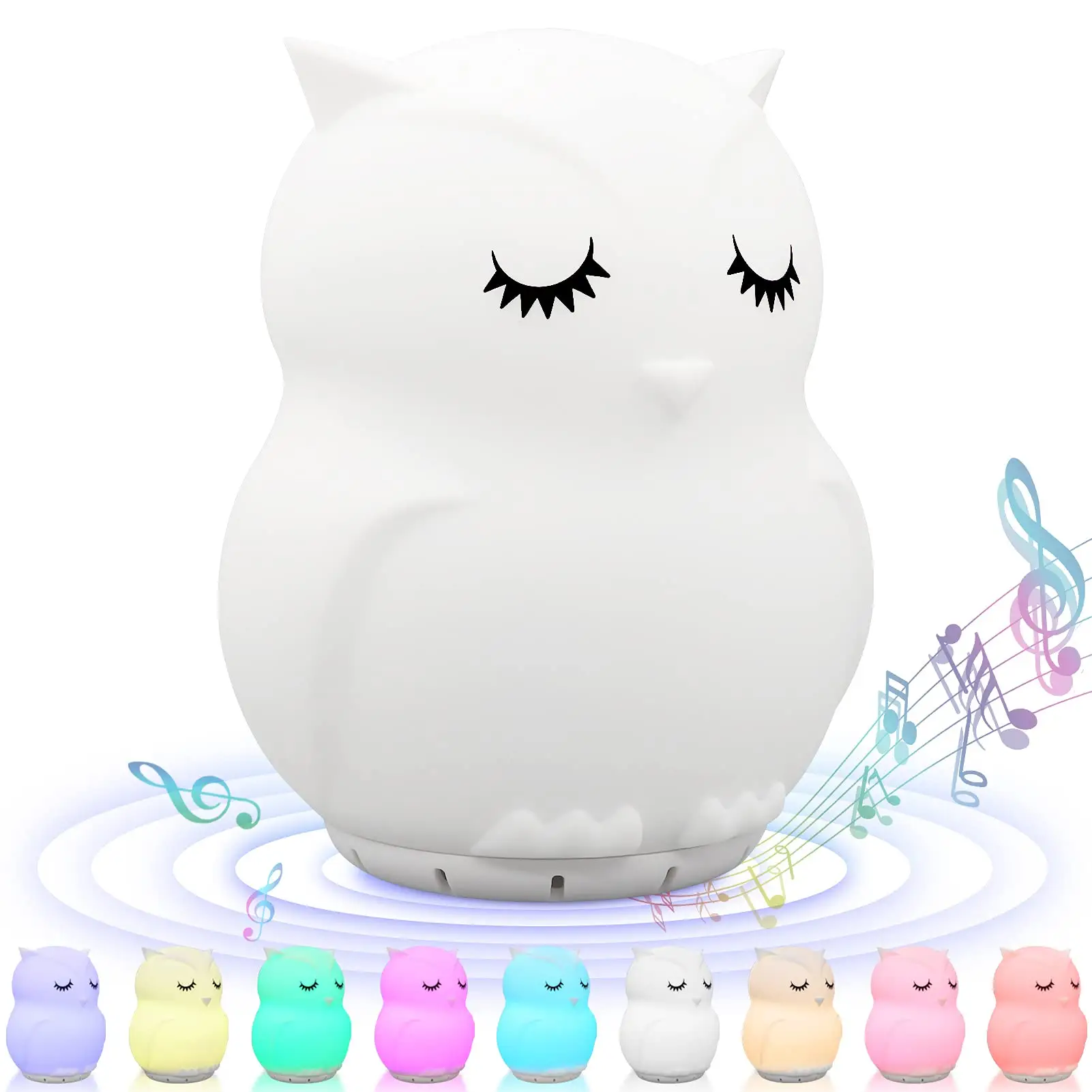 Cute Owl MUSIC Nursery Lamp 8 Colors rgb changing Rechargeable Led Baby Silicone Night Light with Dimmable warm light