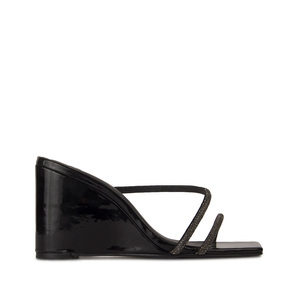 Fabricant de sandales compensées de fête personnalisées Sandales à <span class=keywords><strong>talon</strong></span> compensé sexy à bout carré de créateur Sandales à <span class=keywords><strong>talon</strong></span> compensé de fête Sandales à <span class=keywords><strong>talon</strong></span> compensé noires brillantes personnalisées - Product Image 1