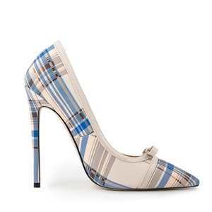 Big Size 47 Wide Fit Women Blue Plaid Stiletto Bow High Slim Heels Ladies Pointed Toe Pumps Dress <b>Shoes</b> - Product Image 4