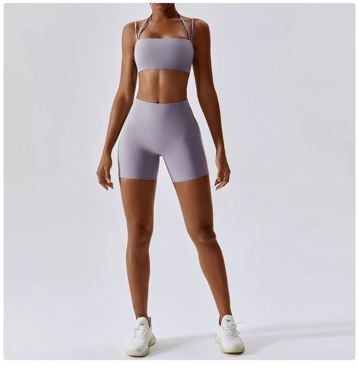 Women's Strapless High Waist Yoga Shorts Bra Set Reversible Solid Comfortable Compression Stretch Design Non-Front Seam