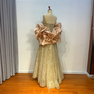 ชุดงานพรอม LSMZ04แบบเอไลน์ทรงเอไลน์สีทองระยิบระยับสำหรับงานปาร์ตี้งานพรอมเอวธรรมชาติมีจีบกันไฟฟ้าสถิต - Product Image 4