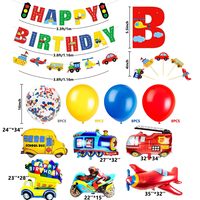 Kit de Bannière Joyeux Anniversaire Thème Transport : Autobus Scolaire, Train, Camion de Pompiers, Moto, Avion – Décoration de Fête d'Anniversaire pour Enfants
