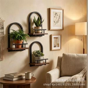 Wooden <b>Wall</b> <b>Mounted</b> <b>Shelf</b> With Iron Frame For Living Room Plant Display And Storage - Product Image 3