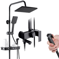 Robinet de douche mural en acier inoxydable chromé noir avec pommeau de douche pluie 4 fonctions, mitigeur eau chaude et froide en céramique