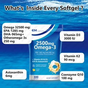 Capsules d'huile de poisson oméga 3 OEM 2500 mg avec 1285 mg d'EPA, DHA, vitamines D3, K2, Q10 et astaxanthine pour soutenir la santé cardiaque, cérébrale et immunitaire - Product Image 3