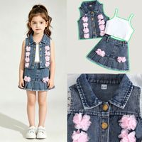 Set Tiga Potong Rompi Denim Tanpa Lengan Motif Bunga dan Rok untuk Ekspor Grosir