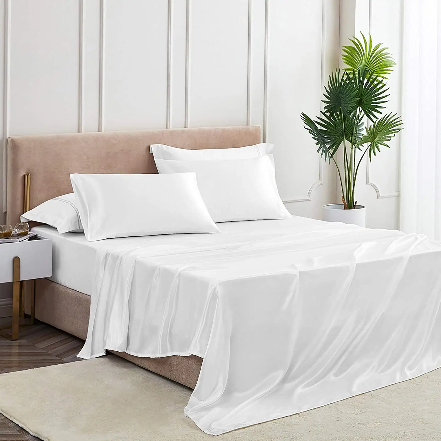 White Queen US Size Mulberry Silk Sheets Bedding Set Satin Pillowcase for Hair and Skin Bed Pillow Cases