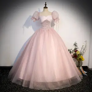 32813优雅的短粉扑袖花式薄纱蓬松粉色伴娘礼服表演晚礼服生日派对礼服