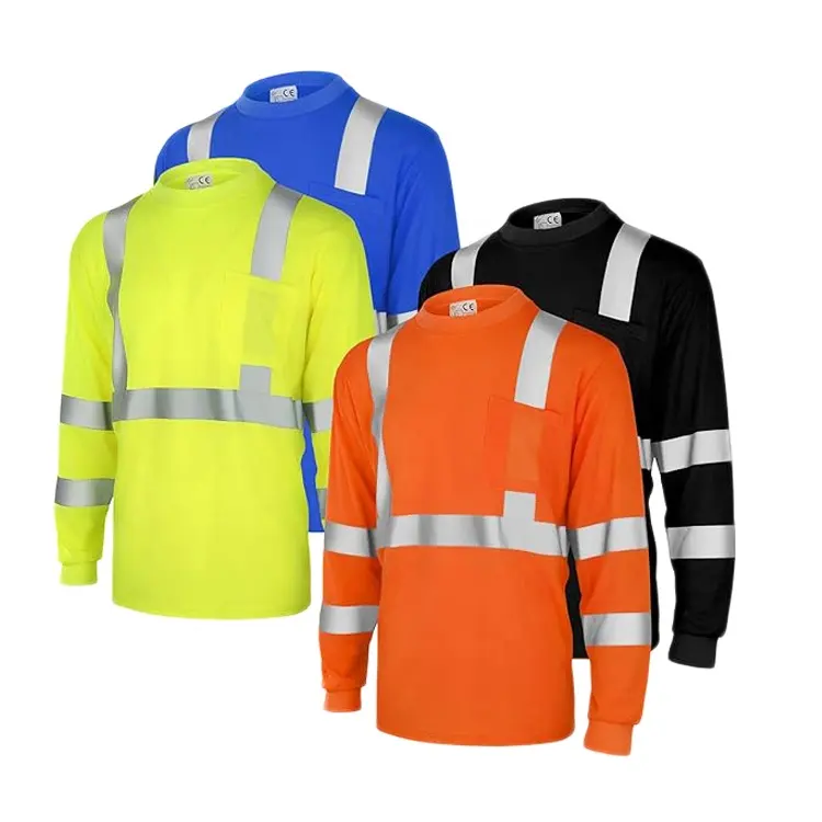 Camisa de segurança masculina de alta visibilidade com logotipo personalizado, camisa de segurança de secagem rápida 100% poliéster, manga longa e reflexiva