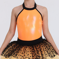 Gaun Tutu Balet Anak Warna Oranye dengan Kerah Halter, Berlapis, Bermotif Titik Hati untuk Pertunjukan Jazz & Tap, Pakaian Tari Panggung Honeybee