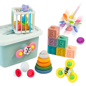Montessori 6 In 1 Early Education Toy Gift Set <b>Stacking</b> Blocks Rings Matching Egg Suction Cup Rotating Toy For Infants 6m+ - Product Image 5
