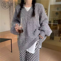 Pull en cachemire tricoté ample pour femme, col en V, motif torsadé, nouveau motif rayé, anti-rétrécissement, décontracté, pour l'hiver