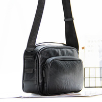 Tas Selempang Kulit PU Vintage Bentuk Kamera Pria, Tas Messenger Kecil Kasual, Banyak Kantong Resleting, Logo Custom Debossed